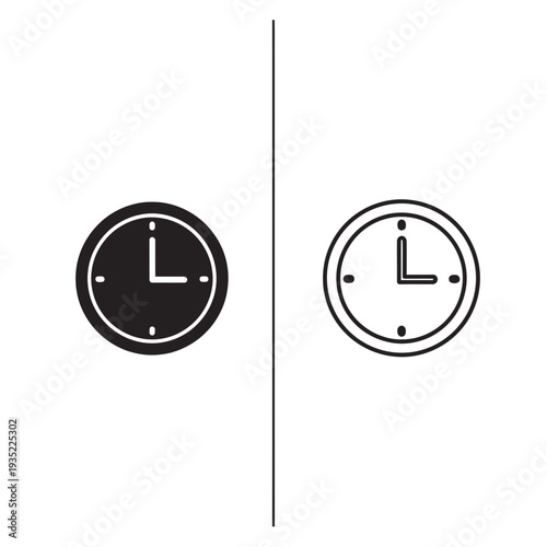 Vector illustration of a classic clock face, showing solid black and outline versions, symbolizing time, schedules, and punctuality