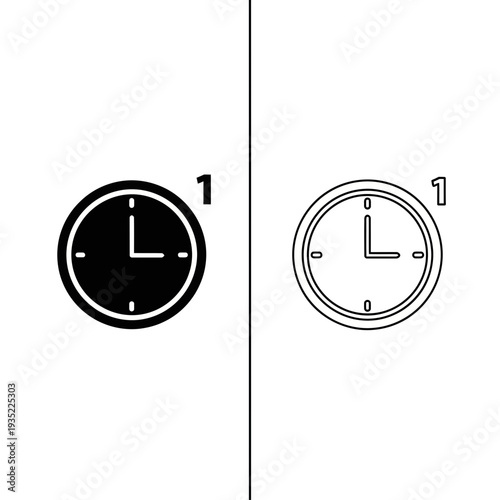 Vector illustration of a clock face with the number 1, in solid black and outline styles, representing time, countdowns, or single units