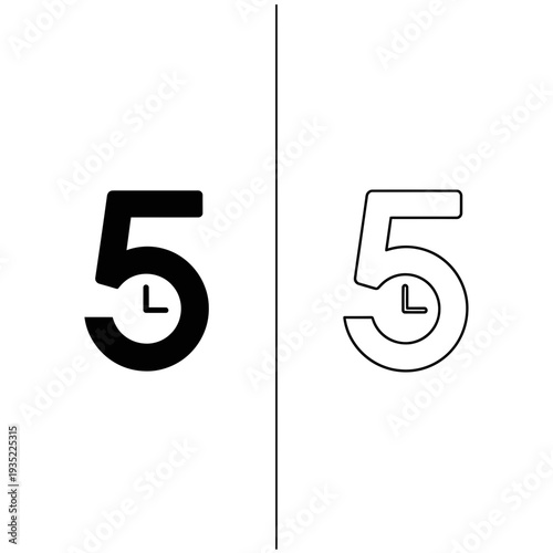 Vector illustration of the number 5 integrated with a clock face, in solid black and outline, symbolizing time or duration