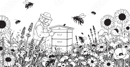 Beekeeper inspecting beehive in a field of sunflowers and flowers