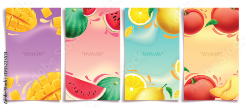 Summer tropical fruit background clipart poster set. Summer tropical fruit background with mango, watermelon, lemon and peach in slice and whole clip art  poster template border design fresh 