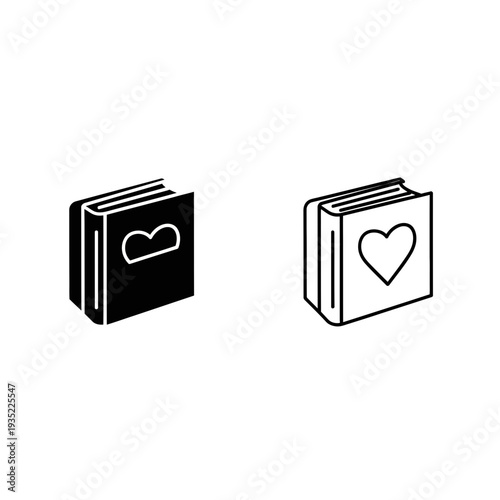 Love Book Icon: Heart Symbol on Cover in Solid Black and Outline Variations