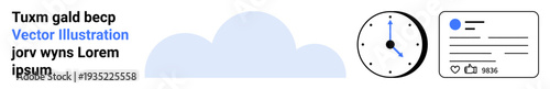 Cloud computing, digital scheduling, time tracking, online identity, user interaction, social engagement. Cloud icon, clock and user interface card. Cloud computing and digital scheduling concept