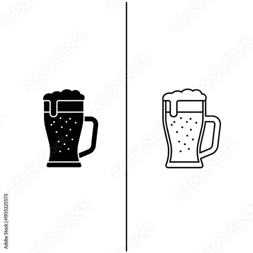 Beer Mug Icon: Frothy Drink in Solid Black and Outline for Pubs and Cheers