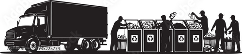 Silhouette of people recycling with truck and bins outside
