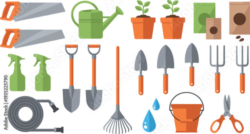 Comprehensive Gardening Tools Collection with Shovels Rake Saw Watering Can Plants Bucket and Equipment Vector Illustration Set