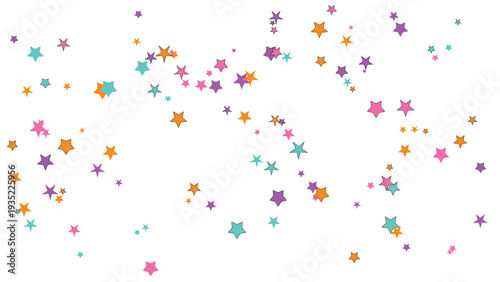 Memphis design style with bold shapes and vibrant colors, featuring scattered stars in pastel hues on a clean white background