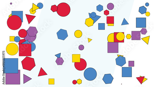 Memphis design style with bold shapes in vibrant colors, including circles, squares, triangles, and abstract forms, scattered across a clean white background