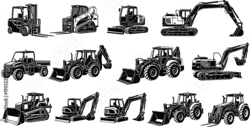Heavy construction equipment and machinery vector silhouettes set including excavator bulldozer backhoe loader forklift tractor skid steer and utility vehicle for industrial building design