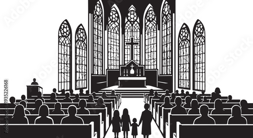 Family walking down church aisle to pews and altar