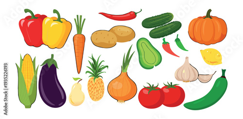 Collection of fresh organic vegetables including peppers, carrots, pumpkins, and more 