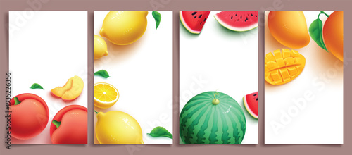 Summer tropical fruit background template clipart poster set. Tropical fruit like peach, lemon, watermelon and mango in white empty space background clip art for Summer tropical season juicy and tasty