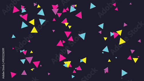 Memphis design style abstract composition with bold shapes, vibrant pink, yellow, and teal triangles scattered on a dark background