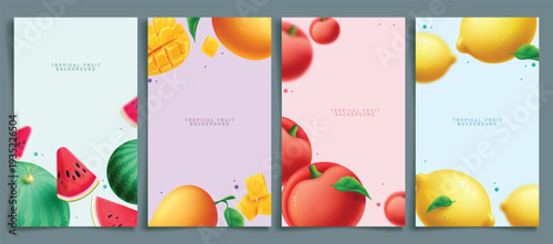 Summer tropical fruit background clipart poster set. Tropical fruit like watermelon, mango, peach and lemon in simple background clip art for Summer banner template fresh and healthy food collection 