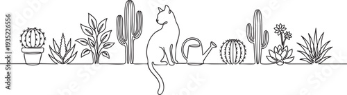 Minimalist One Line Cat and Potted Plants Art