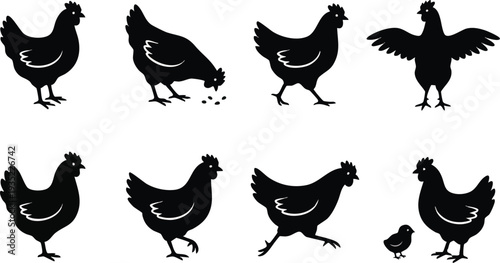 Various Chicken Silhouettes in Different Poses.