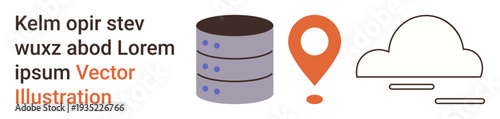 Technology, data storage, cloud computing, location services, digital infrastructure, networking. Database stack, location pin and cloud icons. Data storage and cloud computing concepts