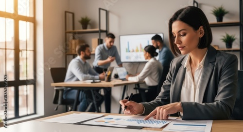 A focused woman in a professional business setting is intently reviewing data on a table. She is wearing a dark blazer and a white shirt. 