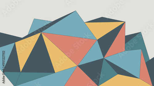 A colorful geometric pattern of triangles in yellow, blue, red, and black on a beige background