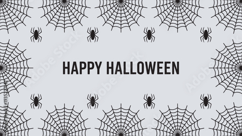 A festive Halloween background with spider webs and spiders on a white surface