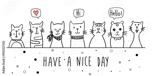 Cute cat illustration with six cartoon cats saying hi and hello perfect for greeting cards kids decor and positive messages minimal line art style