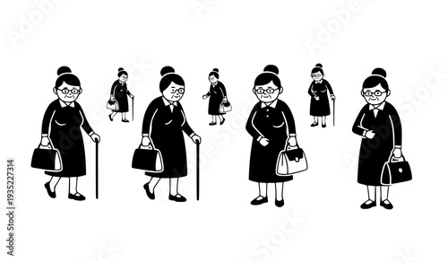 Grandmother family concept icons black and white vector illustrations old woman with handbag and bun isolated on white background