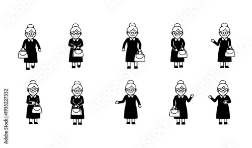 Elderly woman grandmother icon collection black and white vector family illustration isolated on white background