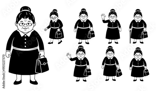 Grandmother icon vector set black and white illustration old woman with handbag and bun isolated on white background