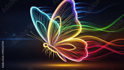 Neon butterfly illustration with colorful wings glowing against a dark background