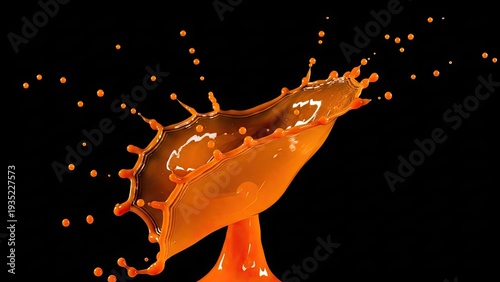 Orange liquid splash captured against black background creating a unique shape