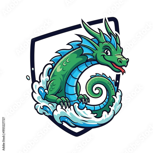 Green dragon with blue belly cresting waves shield centerpiece