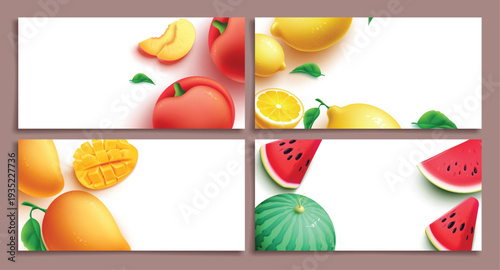 Summer tropical fruit background template clipart banner set. Tropical fruit in white empty space background like peach, lemon, mango and watermelon clip art for Summer fresh, juicy and healthy food 