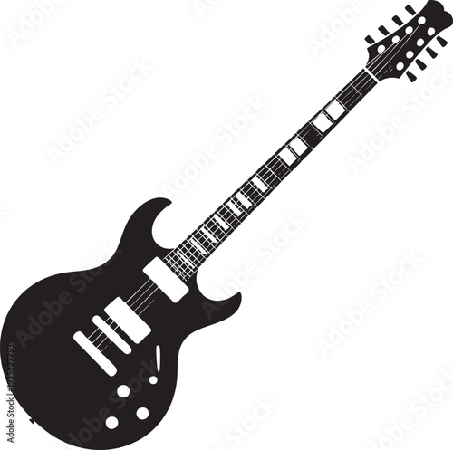 Electric Guitar Silhouette in Modern Minimalist Style with High Contrast Black and White Lighting on Isolated White Background for Music Industry