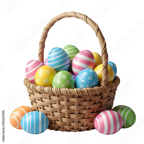 A basket filled with colorful easter eggs surrounded by scattered eggs.