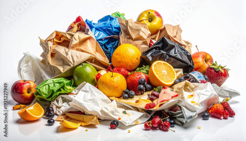 Pile of mixed food waste and recyclable paper packaging with fruits berries and wrappers isolated on clean white background for sustainability and recycling concepts