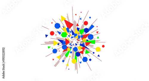 Explosion of colorful geometric shapes and lines radiating outwards from a central point on a white background.