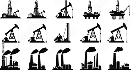 Industrial Vector Icon Set Featuring Oil Rig Platforms, Drilling Derricks, Petroleum Pump Jacks, and Factory Power Plant Silhouettes with Smoke Stacks for Energy Industry Designs.