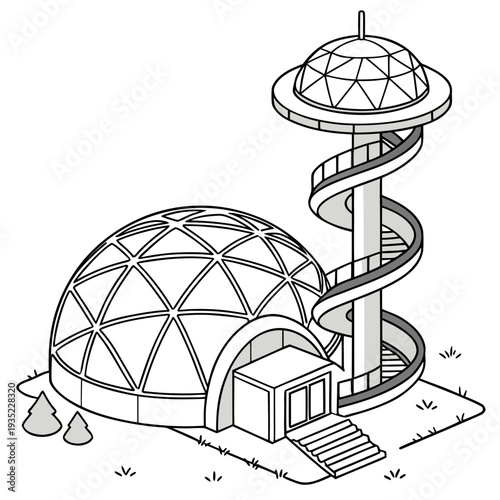 Monochrome isometric illustration of a geodesic dome research facility with observation tower