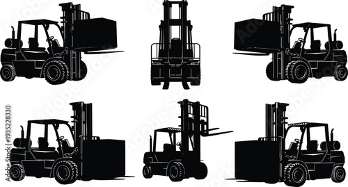 Industrial forklift vector silhouettes set featuring multiple views of warehouse machinery lifting cargo boxes for logistics distribution center and material handling equipment design projects