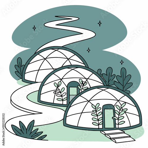 Three connected geodesic domes with lush greenery in a stylized landscape at night
