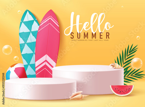 Hello Summer podium clipart design. Hello summer greeting text in podium clip art for product display and presentation banner template with surfboard, beach ball, shell and palm leaves decoration 