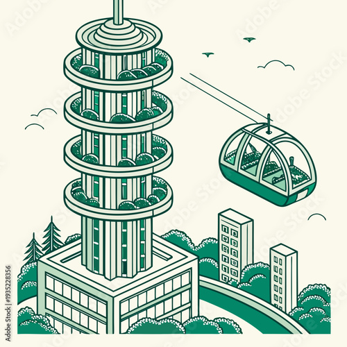 Modern eco-tower with green terraces and a gondola lift in a stylized city scene