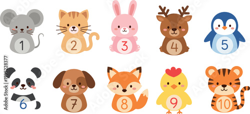 Cute Animal Numbers Collection with Mouse Cat Bunny Deer Penguin Panda Dog Fox Chick and Tiger Cartoon Vector Illustration Set