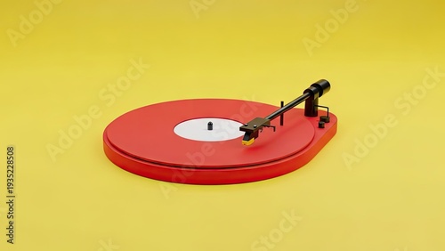 Red vinyl record player on yellow background retro music concept