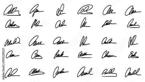 Collection of editable stroke vector signatures in various styles and designs for digital documents and contracts on a white background.