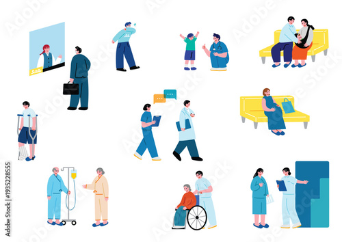 病院を訪れる人々のイラストセット