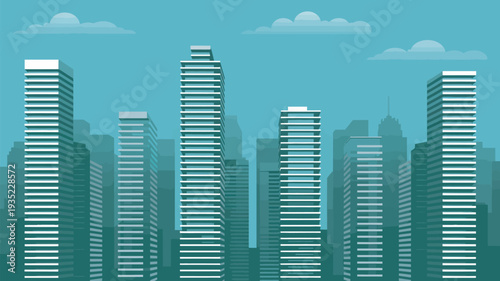 A modern cityscape with sleek skyscrapers and a vibrant urban atmosphere under a blue sky with clouds