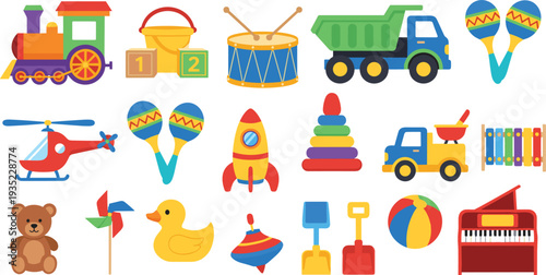 Set of Colorful Kids Toys Including Train, Helicopter, Blocks, Drum, Teddy Bear, Maracas, Rocket, and More