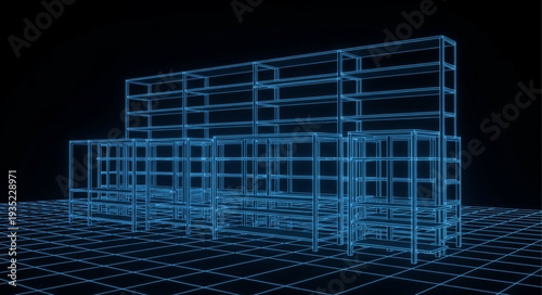 Wireframe architectural model of a modern building structure.