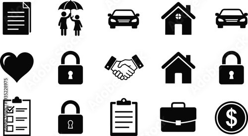 Insurance and financial protection icon set with car, home, health and business symbols, black silhouette collection isolated on white background for risk management design